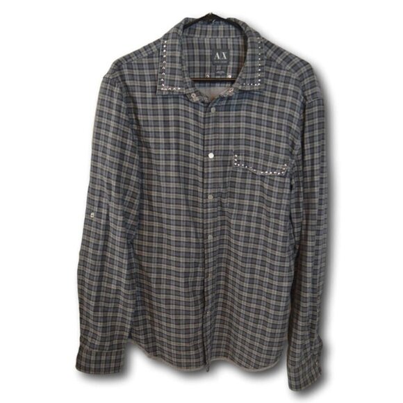 Mens Armani Exchange A/X Grey Plaid Shirt w Silver Stud Accents Size: L - Picture 1 of 3